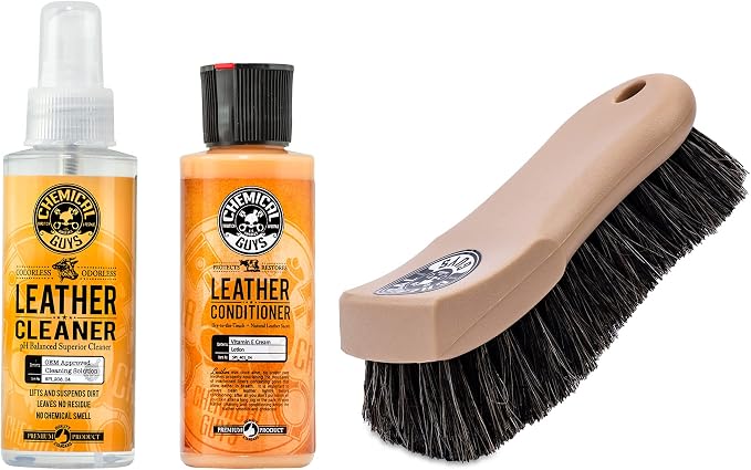 Chemical Guys SPI_109_04B Leather Cleaner and Conditioner Complete Leather Care Kit (2 - 4 fl oz Bottles) with ACC_S95 Long Bristle Horse Hair Leather Cleaning Brush, 1 Pack (3 Item Bundle)