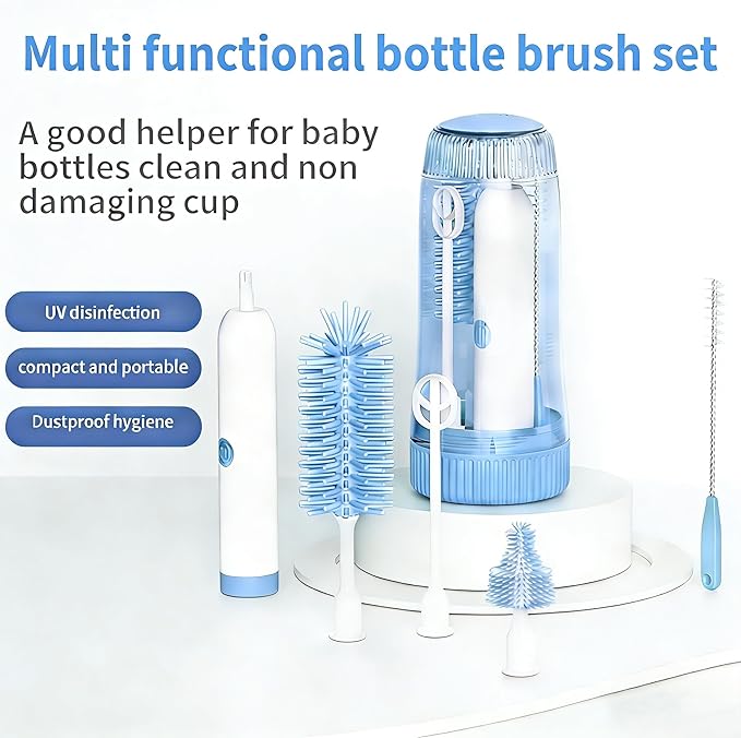 Portable Electric Silicone Bottle Brush Set, 7-in-1 UV Light USB Charging, Nipple/Straw Cleaner, Milk Mixer, Built-in Drying Rack & Storage Case, BPA-Free, IPX7, On-the-Go for New Parents (Sky)