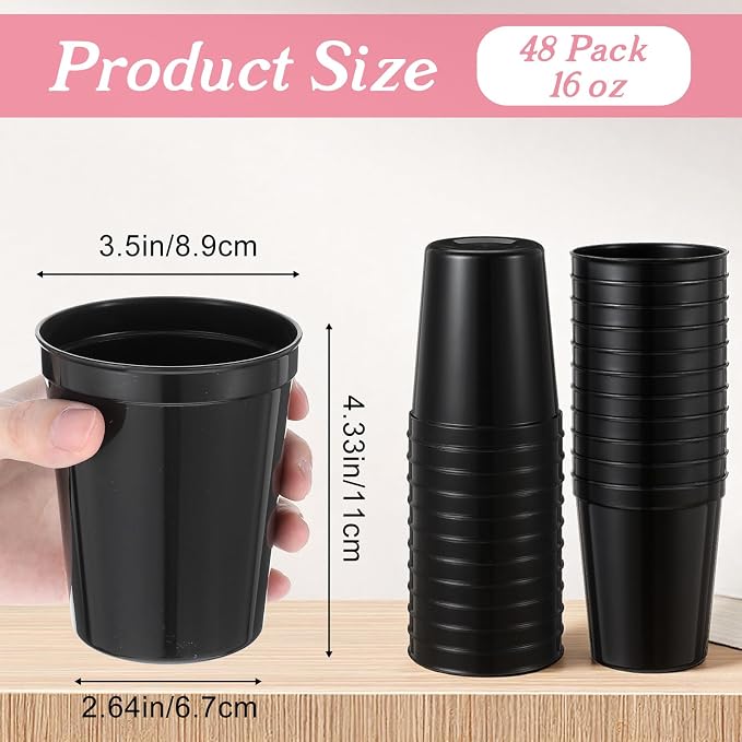 48 Pcs Plastic Cups for Party 16 oz Plastic Stadium Cups Bulk Blank Reusable Drink Tumblers Large Drinking Cup for Wine Coffee Beer Water Picnics Party Supplies (Black)