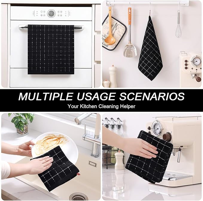 Homaxy Kitchen Towels and Dishcloths Set, 12 x 12 and 13 x 28 Inches, Set of 8 Bulk Cotton Terry Kitchen Towels Set, Checkered Designed, Soft and Super Absorbent Dish Towels, Black