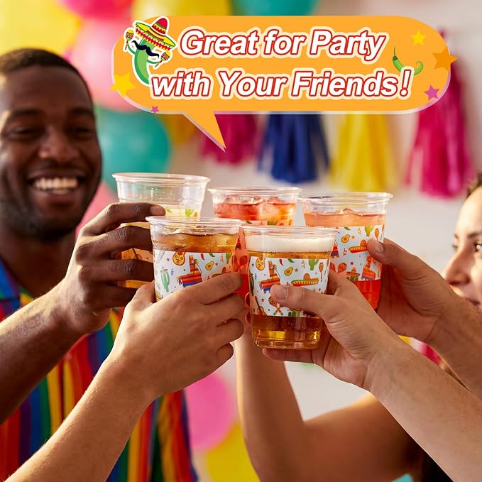 100 Pcs Fiesta Plastic Cups 12 oz Mexican Disposable Clear Plastic Drinking Cups Bulk for Cinco De Mayo Fiesta Taco Mexican Birthday Party Decoration Supplies