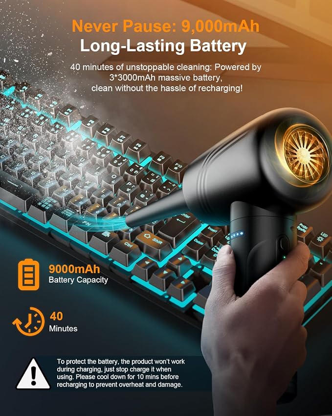 11-in-1 Compressed Air Duster 3-Speed Adjustable 120000 RPM with LED Light, Reusable no Canned Keyboard Cleaner for Office, 9000mAh Cordless Air Duster for Computer/Car/Home (Black)