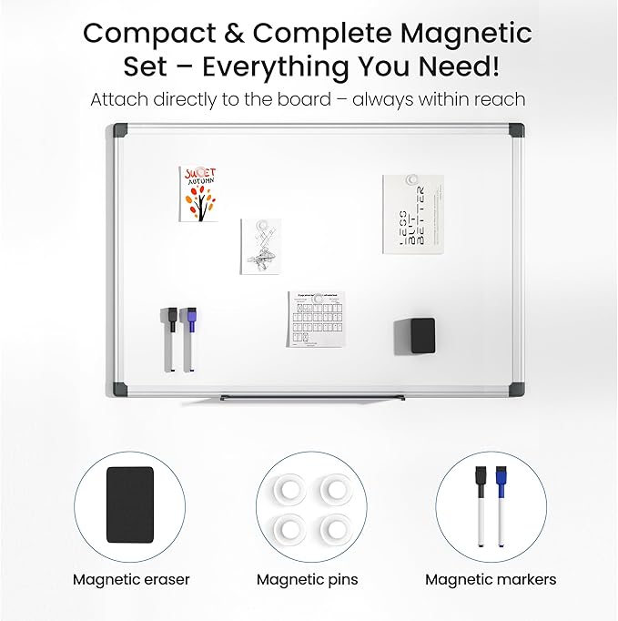 Magnetic White Board for Wall, 36" x 24" Dry Erase Board Kit with 2 Magnetic Dry Erase Markers, 4 Magnets, Eraser, Pen Tray & Mounting Kit – White Board Dry Erase for Home, Office, School