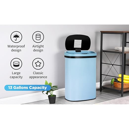 Furniture of America Verbena 13 Gallon Metal Household Trash Can with Motion Sensor Lid for Kitchen, Blue