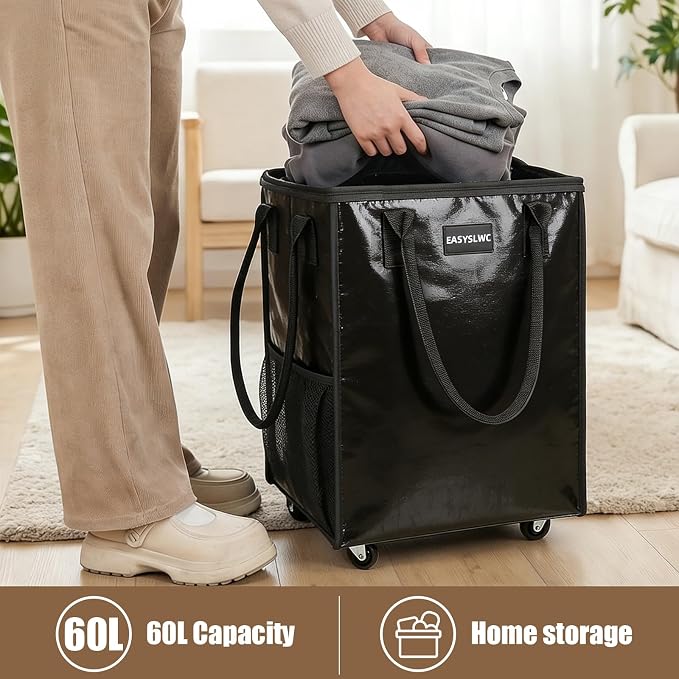 Reusable Grocery Bag on Wheels, Portable Tote Bag Shopping Bag with Wheels, Rolling Tote Bag Collapsible with Wheels for Groceries, Organization or Moving, Heavy Duty Utility Tote Bag
