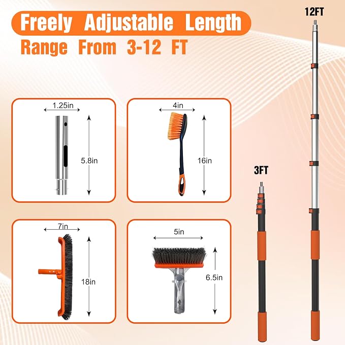 LAANPOLE 4-in-1 Pool Brush with Pole, Heavy Duty 18" Pool Brush Head, 5" Stainless Steel Brush and Hand-Held Pool Scrub Brush for Inground & Above Ground Pools, Pool Scrubber Brush with 12FT Pole