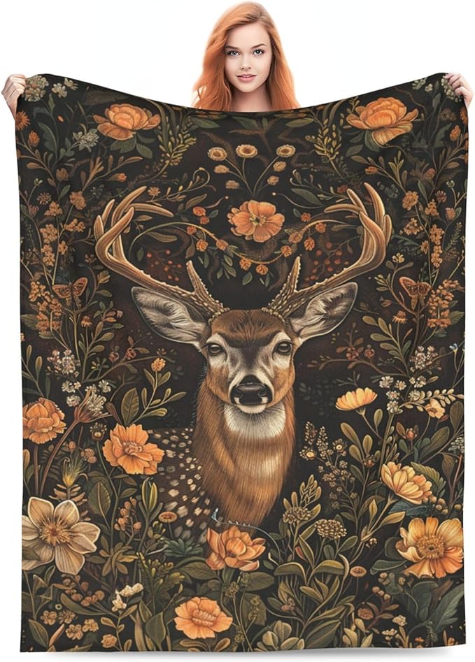 Deer Blanket Vintage Forest Sika Deer Elk Decor Throw Blanket Comfy Plush Flannel Fleece Warm Soft Fluffy Fuzzy Winter Blanket Reindeer Gifts for Girls Boys Women Teens for Bed Sofa Couch 60"X80"
