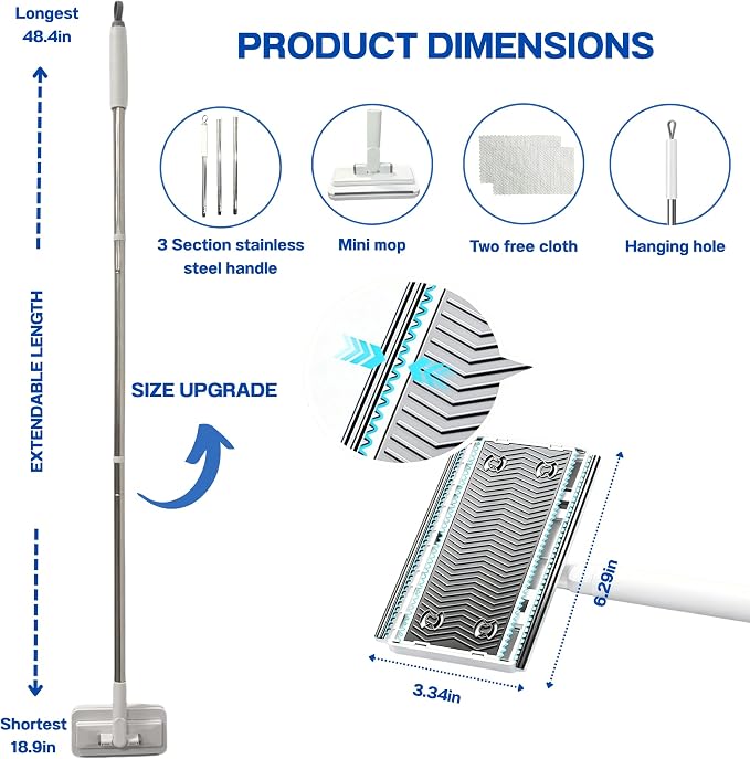 Mini Mop, Hands-Free One-Touch Pad Release, 360° Rotating Head, Wet & Dry, Extends Up to 48in Handle, Zero-Cost Old Cloth Compatible for Hardwood Floors, RV & Pet Hair