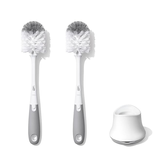 OXO Tot Bottle Brush with Nipple Cleaner and Stand – Gray, 2-Pack & Tot Travel Size Drying Rack with Bottle Brush- Gray