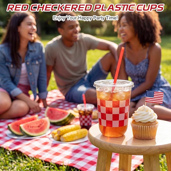 LemonRoad 50sets 16oz Red Checkered Cups Race Car Birthday Party Decorations Supplies Plastic Cups Disposable with Lids and Straws for Racing Party Christmas Birthday Wedding Baby Shower Decoration