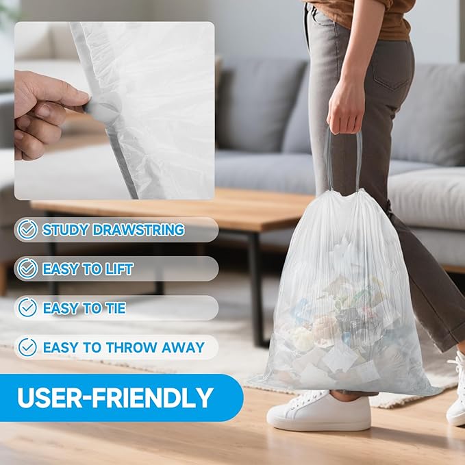 Small Trash Bags 2.6 Gallon Drawstring- 180 Counts 2.6 Gallon Trash Bag Extra Strong, Small Garbage Bags Unscented, Stretchy, Quick Cinch for Bathroom Kitchen, White