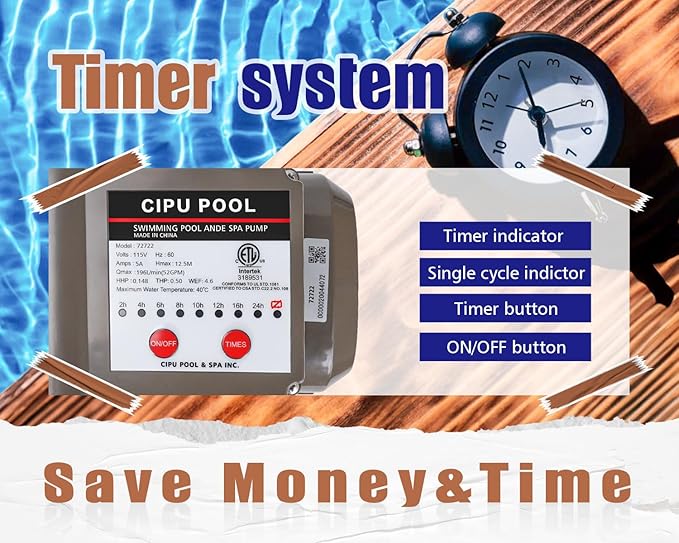 CIPU 14 inch Sand Filter Pump System Handy 6-Way Valve for Above Ground Pools with 0.5HP Prefilter Pool Pump with Timer 115V 25FT Inline GFCI Power Cord for Easy Installation