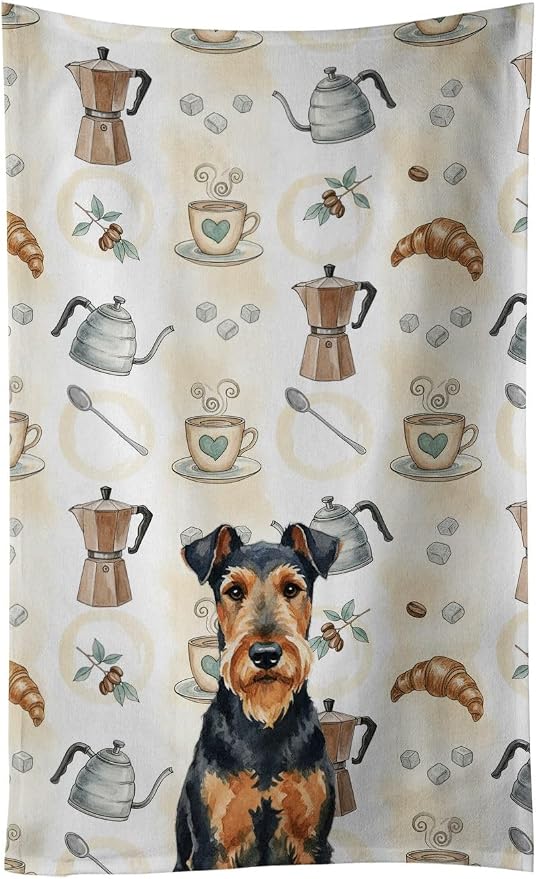 Caroline's Treasures Airedale Terrier Coffee Bar Kitchen Towel Velour Plush Front and Cotton Loop Back Machine Washable