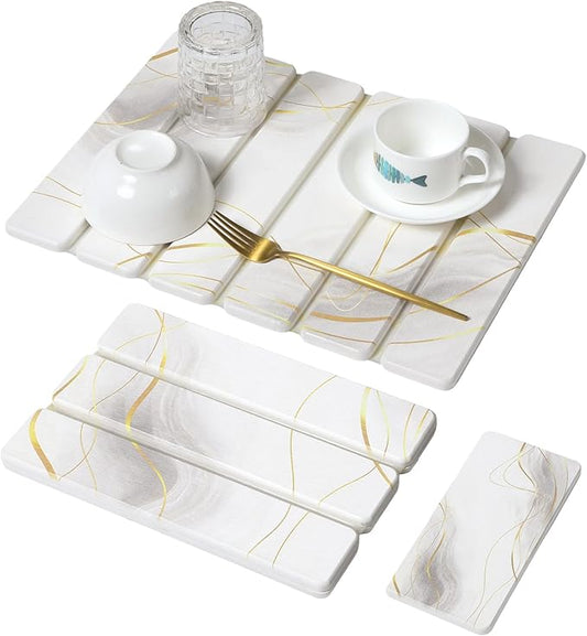 Large Stone Dish Drying Mat for Kitchen Counter, 2PCS Quick Dry Stone Dishes Mat,Foldable Water Absorbing Drying Organizer Pad for Plate Rack Bottles Utensils(Printed White Gold 16"x12" & 8“x4")