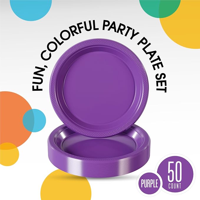 Exquisite Party Solids Purple Plastic Plates For Party Supplies 10" Purple Disposable Plates Heavy Duty 50 Pcs Plastic Dinnerware Sets Heavy Duty 350 GSM Disposable Dinnerware Set