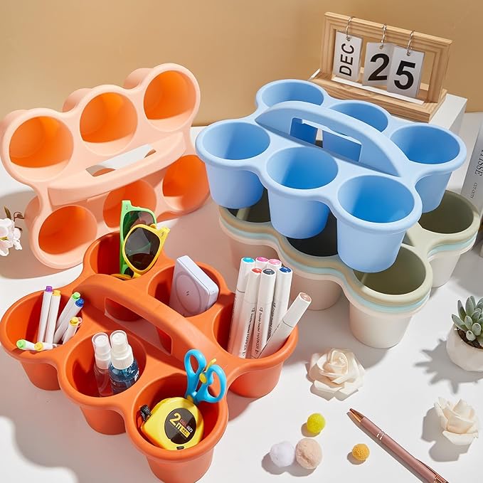 party greeting 6 Pack Classroom Caddy with Handle Plastic Storage Table Caddy Organizer with 6 Compartments Morandi Cup Caddy Organizer for Table Crayon Pencil Office School Supply