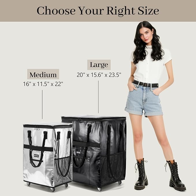RalChyez Reusable Grocery Bags on Wheels, 67L Rolling Tote Grocery Bag with Handle and Zipper Cover Foldable Shopping Cart Trolley Laundry Basket Bag Rose Gold Medium