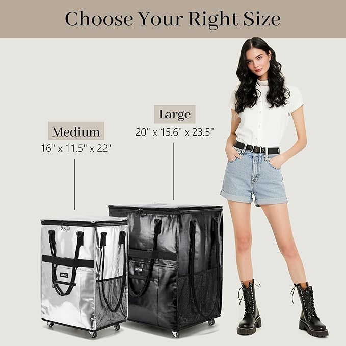 RalChyez Reusable Grocery Bags on Wheels, 67L Rolling Tote Grocery Bag with Handle and Zipper Cover Foldable Shopping Cart Trolley Laundry Basket Bag Black Medium