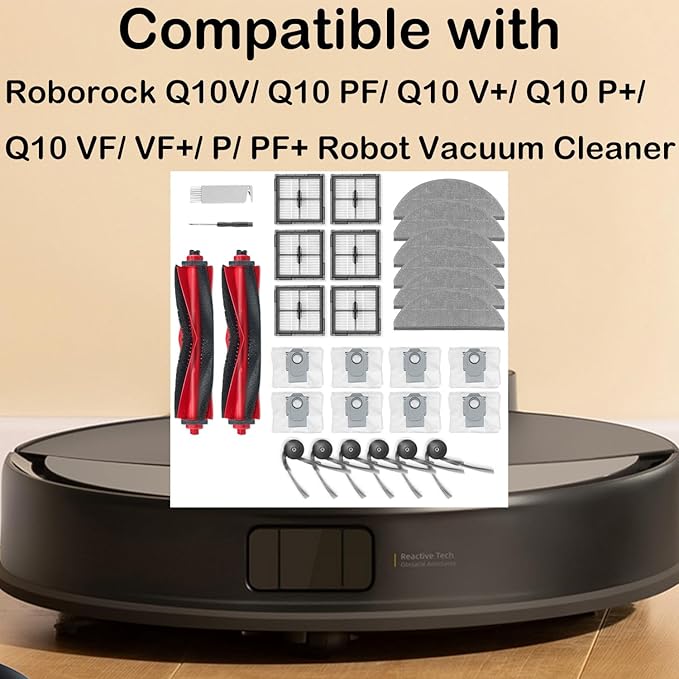 30Packs Accessories Kit Compatible with Roborock Q10V/Q10 PF/Q10 V+/ Q10 P+/Q10 VF/VF+/P/PF+ Robot Vacuum Cleaner, Include 2 Main Brush,6 Mop Clothes,6 Hepa Filters,6 Side Brush,8 Dust Bag,2 Tool