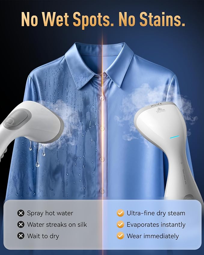 HiLIFE Vacuum Clothes Steamer, Handheld Garment Steamer with Suction, White | 3600Pa Fabric Grip, 1875W Power, 300ml Tank, Touch Steam Control, 25s Heat-Up, 9.18ft Cord,120V Only