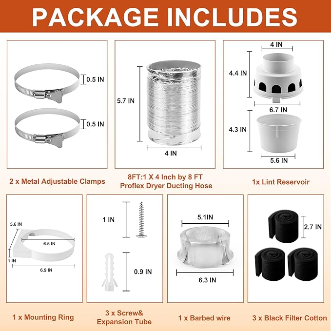 [UPGRADED]TDIDVKZW 4 Inch Indoor Dryer Vent Kit Filter 3 In 1 Filter Bucket with 8 Feet Proflex Ducting Hose for Electric Dryers, White by Cenipar