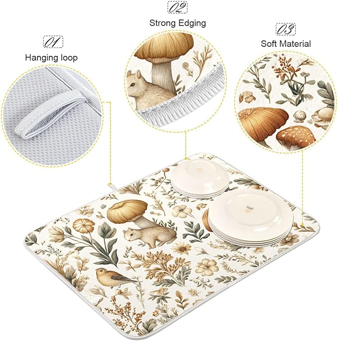 Watercolor Mushrooms Dish Drying Mat Absorbent Kitchen Pads for Counter Kitchen Dish Dryer 18 x 24 Mat under Dish Drainer