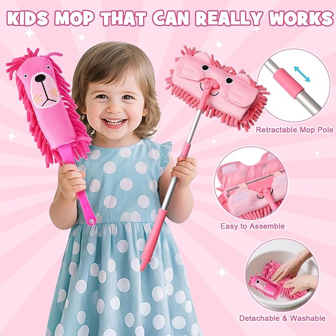 TUZT Kids Cleaning Toys Playset for Ages 2-4, Compact 6-Piece Pretend Vacuum with Light & Sound (No Suction), Animal Broom Mop Set for Toddlers, Apartment-Friendly Educational Role Play Gift