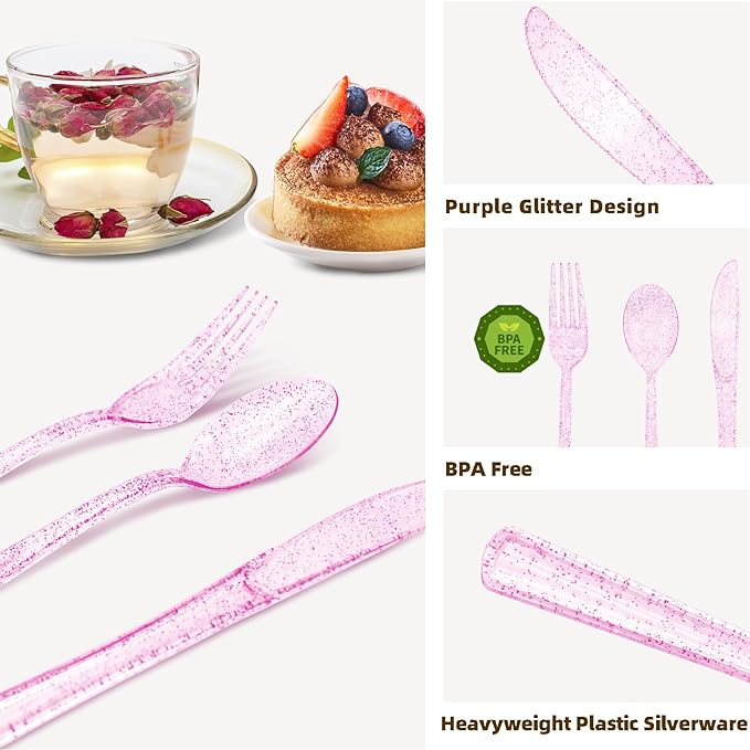 150PCS Purple Plastic Silverware, Purple Glitter Plastic Cutlery Disposable, 50 Forks, 50 Knives, 50 Spoons Heavy Duty, Perfect for Birthday, Wedding, Baby Shower, Picnic