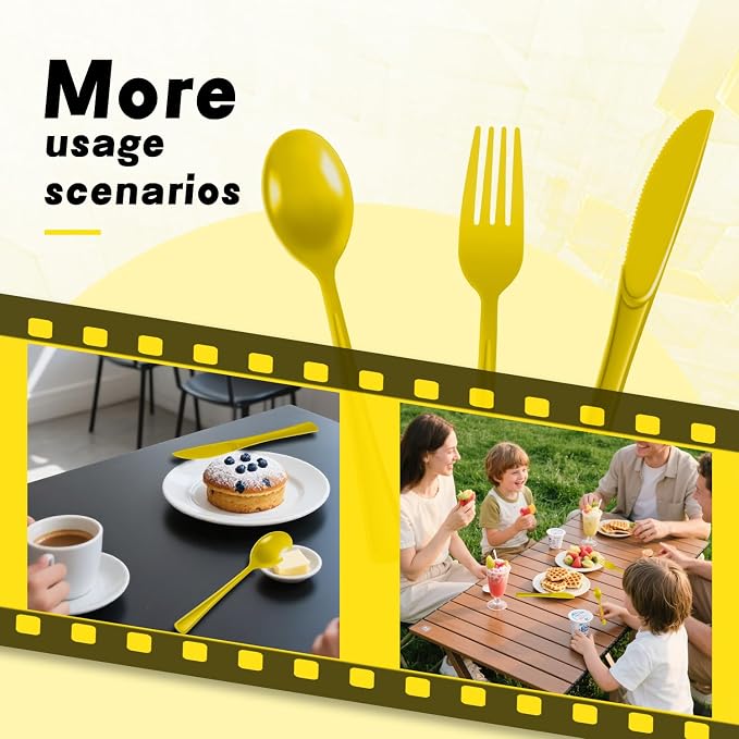Plastic Silverware 300 PCS Disposable Silverware Heavy Duty Utensil Sets 100 Of Each Forks Knives & Spoons Disposable Cutlery Set For Easter,Birthday,Baby Shower,Garden Party,Wedding(300,Yellow)