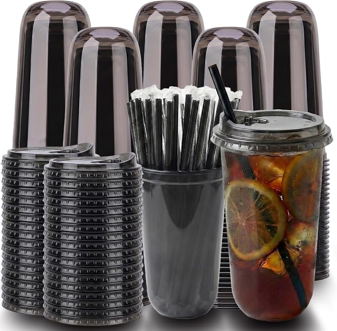 18oz Disposable Stemless Glasses With Strawless Sip Lids and Straws,PET Disposable Drinking Cups,Clear Plastic Wine Glasses for Parties Birthday,Wedding,Meeting,Party Supplies. (100, Black)