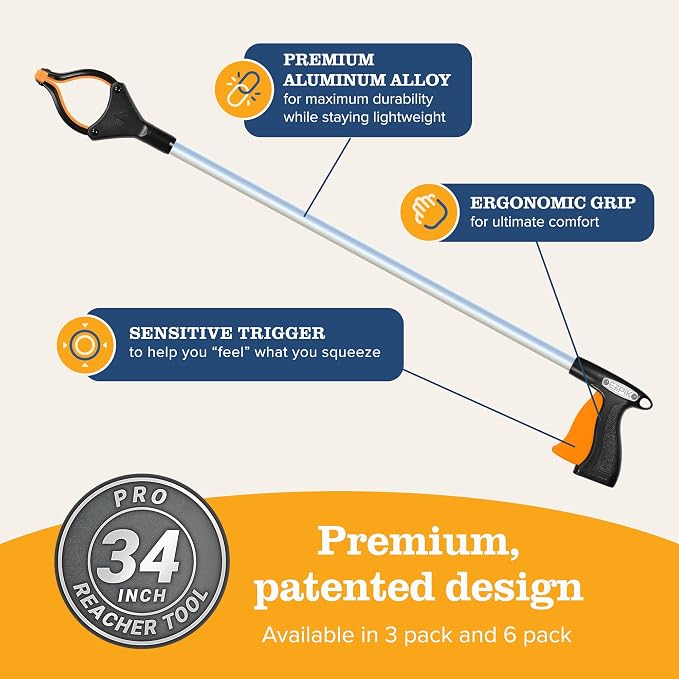 EZPIK Pro 34" Grabber Reacher Tool for Seniors - Grabbers for Elderly Reaching Tool Heavy Duty Pickup Trash Picker Upper Equipment - Claw Grabber Stick for Reaching Aids, Weed Gripper 3-Pack
