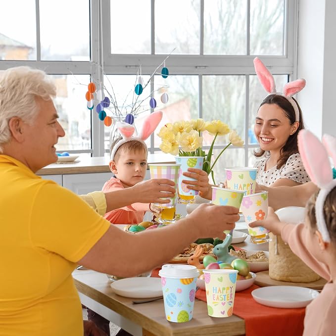 Pascliyna 100 Set Easter Disposable Coffee Cups with Lids, Bulk 12oz Colorful Eggs Paper Cups, Happy Easter Coffee Cups for Hot Chocolate Cold Drinks Spring Holiday Party Supplies Decorations