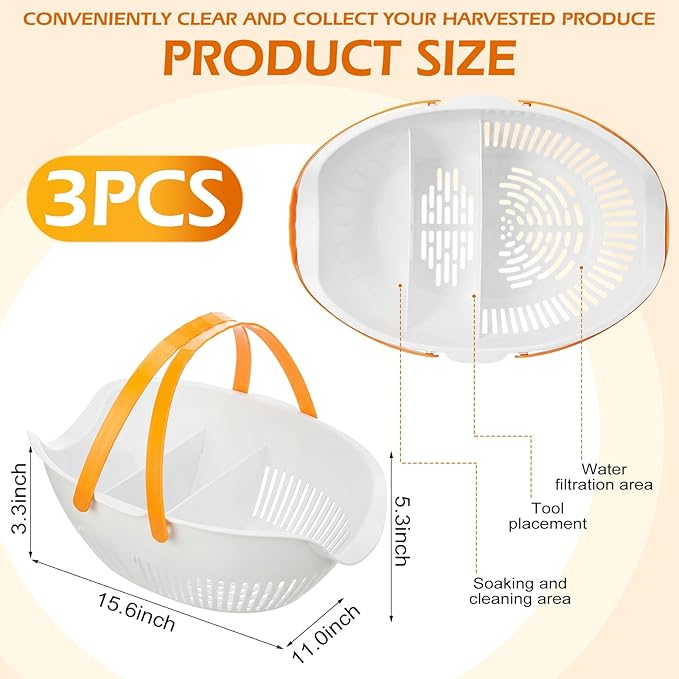 Nuogo 3 Pcs Garden Harvest Basket, Removable Partitions with Tool Caddy for Collecting, Carrying, and Cleaning Harvesting Basket Doubles Colander for Vegetables and Fruits Garden Accessories(White)