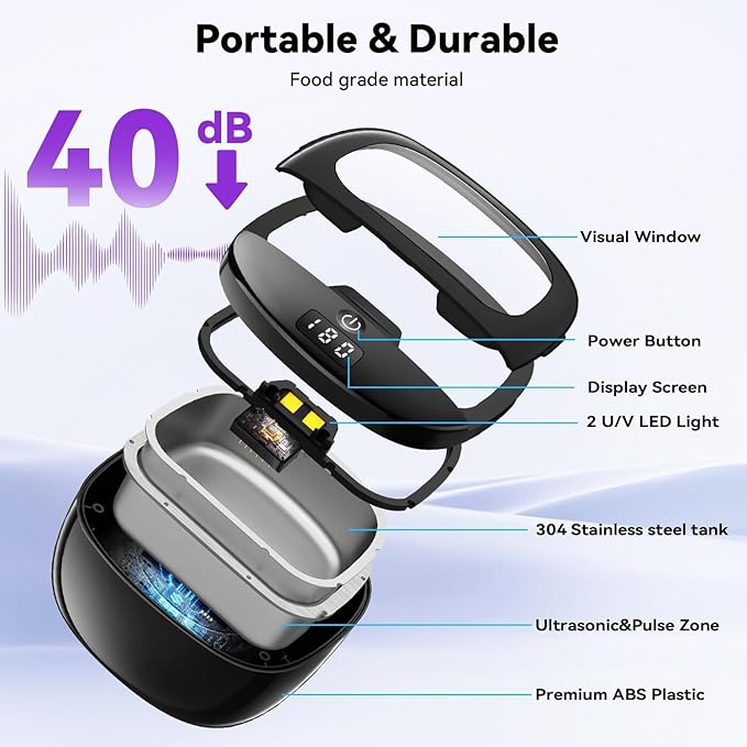 Ultrasonic Retainer Cleaner, 45kHz Dental Cleaning Pod for Dentures, Aligners, Night Guards & Jewelry, 150ML Denture Cleaner 2 Timed Modes & Travel Design