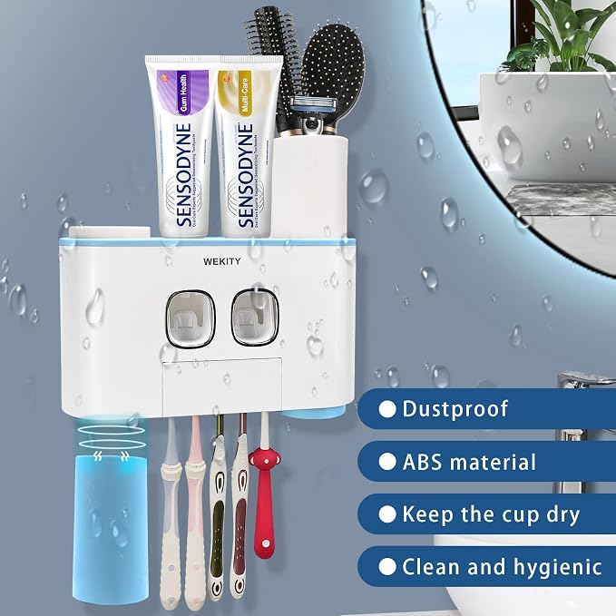Toothbrush Holder Wall Mounted, WEKITY Multi-Functional Toothbrush and Toothpaste Dispenser for Bathroom, with 5 Toothbrush Slots and 4 Wall Adhesives, 2 Toothpaste Squeezers and 4 Cups