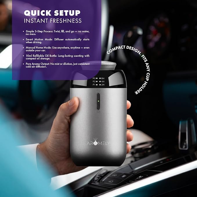 Car Diffuser & Home Air Freshener Waterless – Rechargeable – Intelligent Aroma Diffuser with Dual Mode – Portable Odor Eliminator for Car, Office Desk, and Small Room – Up to 150 SQFT (Silver)