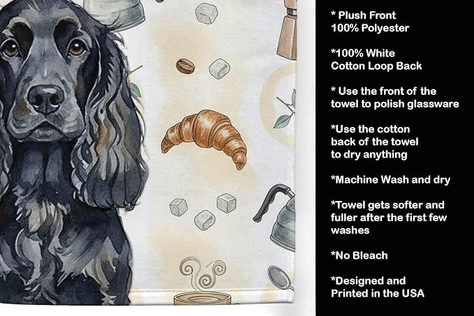 Caroline's Treasures Black English Cocker Spaniel Coffee Bar Kitchen Towel Velour Plush Front and Cotton Loop Back Machine Washable