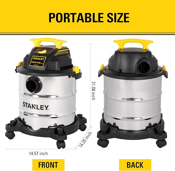 STANLEY SL18116 Wet/Dry Vacuum, 6 Gallon, 4 Horsepower, Stainless Steel Tank, 4.0 HP, Silver+Yellow