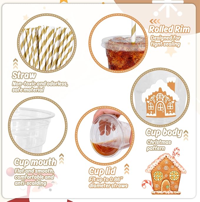 Whaline 50 Pcs 12 Oz Christmas Disposable Plastic Cups with Lids and Straws Gingerbread House Cold Beverage Drinking Cups for Winter Xmas Birthday Party Supplies