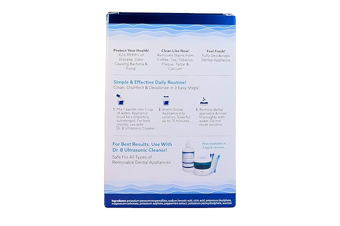 Dr. B Dental Solutions Powder Crystal Soak Cleanser, Ideal for Oral Appliances, Dentures, Night Guards, Retainers, Aligners, and Sleep Apnea Devices - 45 Single Use Packets