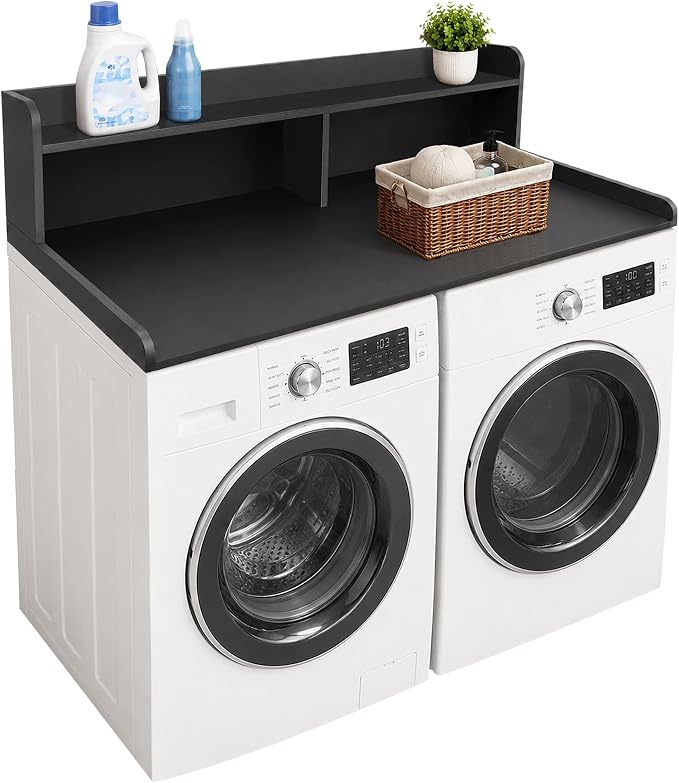 Royxen Laundry Countertop with 2-Tier Shelf Universal Fit, Washer and Dryer Countertop with Storage Space, Shelf Height 11.5 Inches, Solid Wood Core, Black
