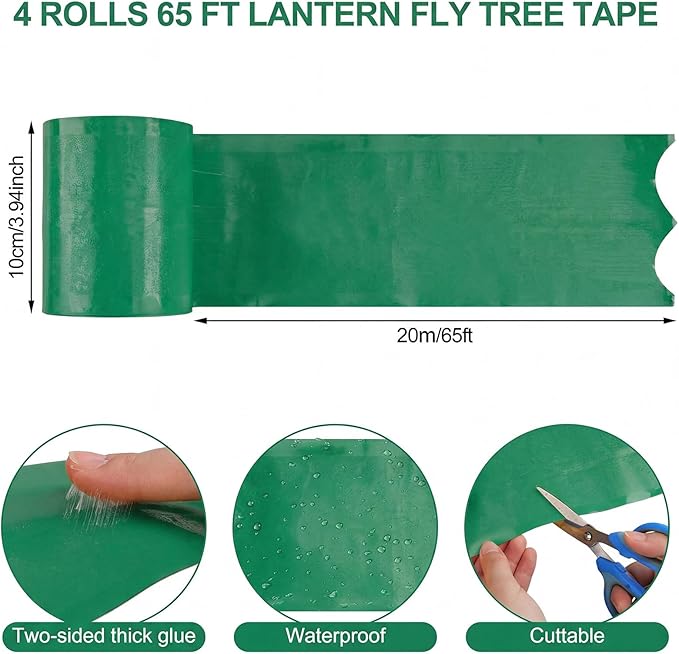 4 Rolls 260ft Lantern Fly Tree Tape Outdoor Adhesive Crawling Insect Trap Sticky Traps Sticky Barrier Protecting Trees Outdoor Indoor Fruit Tree Lawn Garden Control Aphids Ant Moth (Green)