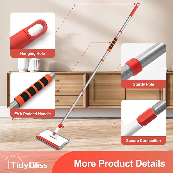 Baseboard Cleaner Tool with Handle, 55.9” Long Wall and Base Board Cleaning Mop, 4 Reusable Pads, 1 Stiff Bristle Scrubber Brush for Floorboard Ceiling Cabinet Window Bathroom Kitchen (Red)