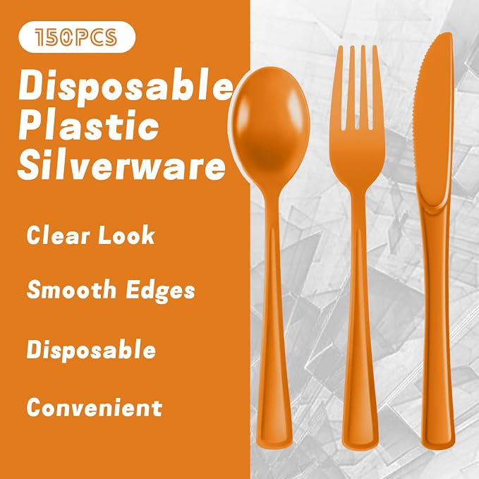 Plastic Silverware 150 PCS Disposable Silverware Heavy Duty Utensil Sets 50 Of Each Forks Knives & Spoons Disposable Cutlery Set For Easter,Birthday,Baby Shower,Garden Party,Wedding(150,Orange)