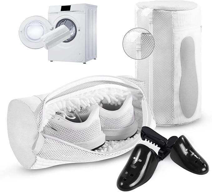 2PCS XXL Shoe Washing Machine Bag with Adjustable Shoes Trees - Heavy Duty Reusable Shoe Laundry Bag for Washer and Dryer - 360° Deep Clean & Protect Chenille Microfiber Sneakers Wash Bags - White