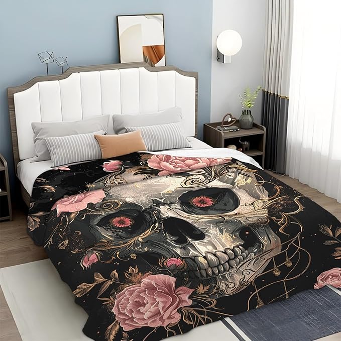 Tijuboni Skull Roses Throw Blanket Skull Gifts for Girls Boys Women Men Kids Adults Soft Flannel Fleece Blanket for Couch Sofa Bed Home Decor 50"x60"