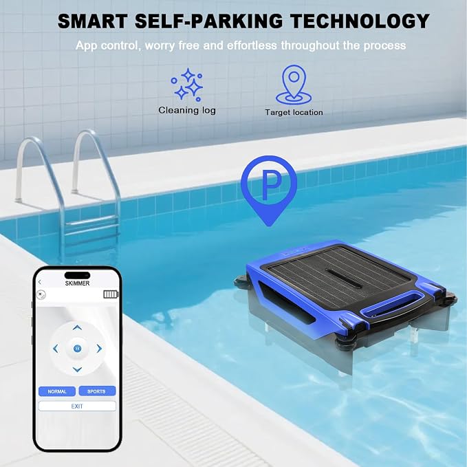 Solar Powered Robotic Pool Skimmer, Automatic Pool Surface Cleaner Robot with 24/7 Continuous Cleaning, App Control, Dual Charging, Ideal for Above Ground & In-Ground Pools (Blue)