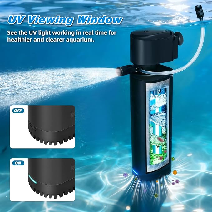 300GPH Aquarium Filter, UV Sterilizer for Aquarium for 45-120 Gallon, Submersible Pump Filter for Green Water Algae Clean, Ultra-Silent Green Killing Machine with Fish Tank & Turtle Tank Deodorization