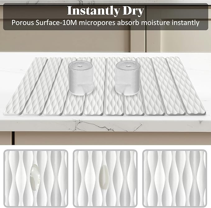 Large Stone Dish Drying Mats for Kitchen Counter, 24"(L)×16"(W) Ripple - Pattern, Fast Drying Collapsible Dish Drying Mat, Eco-Friendly Absorbent Diatomaceous Earth Mats for Match Any Countertop
