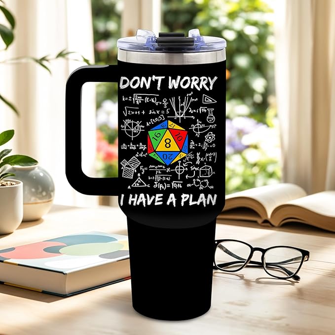 DUUV Funny Tumbler 40 Oz with Handle, Don't Worry I Have a Plan Dice and Math Design, Sarcastic Nerd Gifts for Gamers Math Lovers, Birthday Christmas Gift, 1PCS